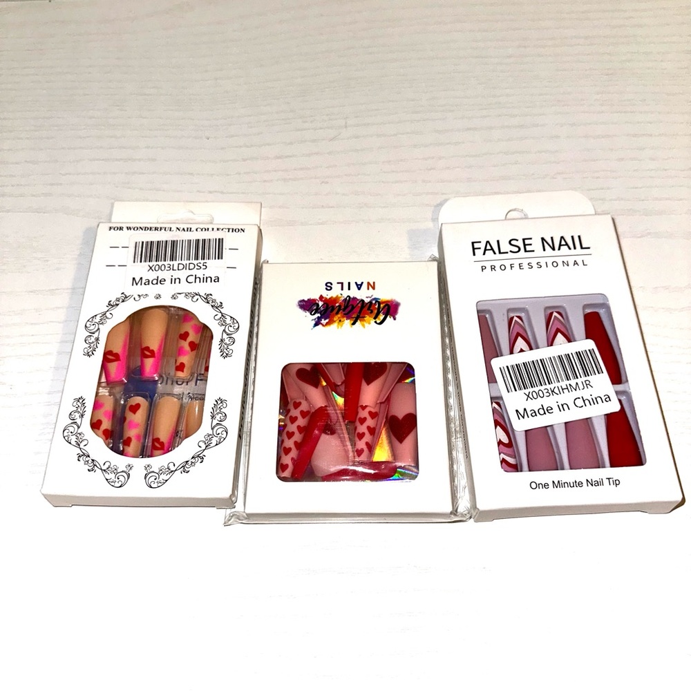 NEW Valentines Heart Long Coffin Shape Press On Nails